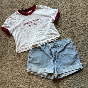 GUESS Light Blue Denim Jean Shorts and cropped tee outfit